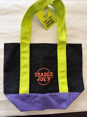 Trader Joe's Black Canvas Tote with Lime Straps and Purple Base. Small tote